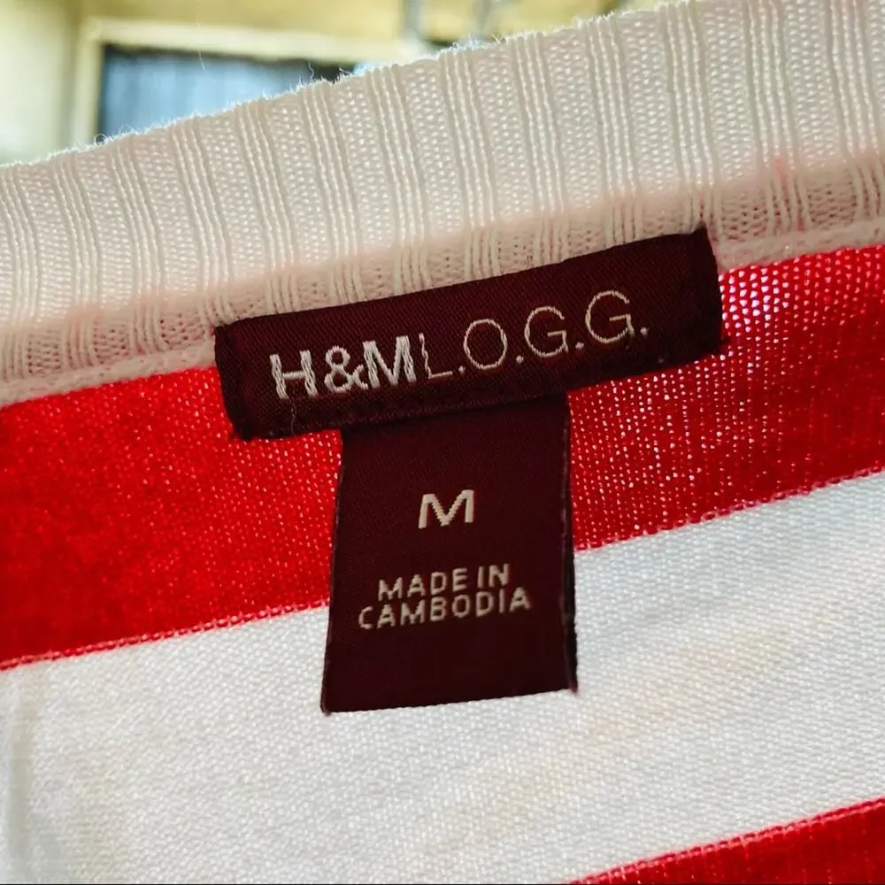 VINTAGE H&M LOGG Red White VNeck Striped 3/4 Sleeve Cropped Pullover Sweater M - Picture 6 of 9